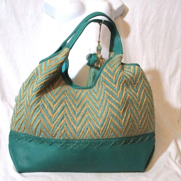 STEVEN STEVE MADDEN Woven Knit CHEVRON Tote Shopper Shoulder Bag AQUA JANDREAS - Picture 2 of 8